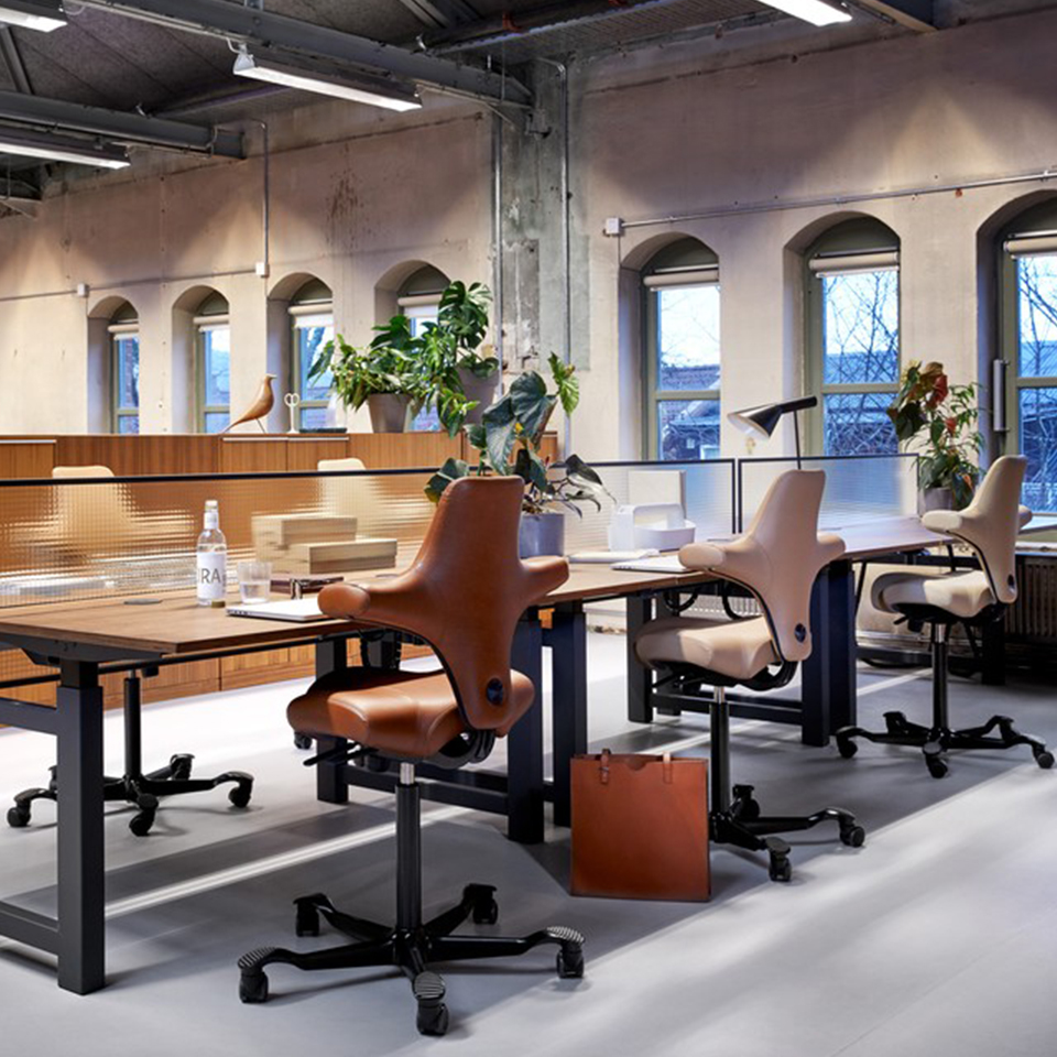 Drie luxueuze lederen HÅG Capisco bureaustoelen op een rij, stijlvol en ergonomisch design voor een hoogwaardige werkruimte