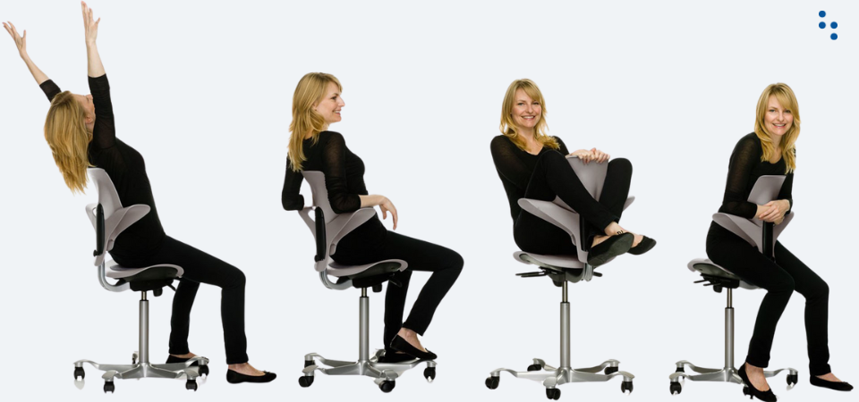 Différentes positions d'assise sur la chaise ergonomique HÅG Capisco : avant, arrière, latérale et semi-debout.