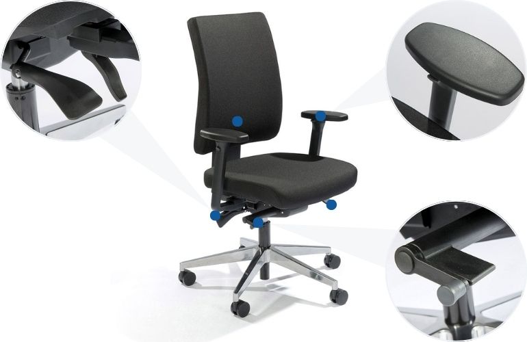 Adjustment options Flexaro Custom NPR ergonomic office chair Overview of the adjustable features of the Flexaro Custom NPR ergonomic office chair, including backrest height, seat depth, armrests, and seat tilt
